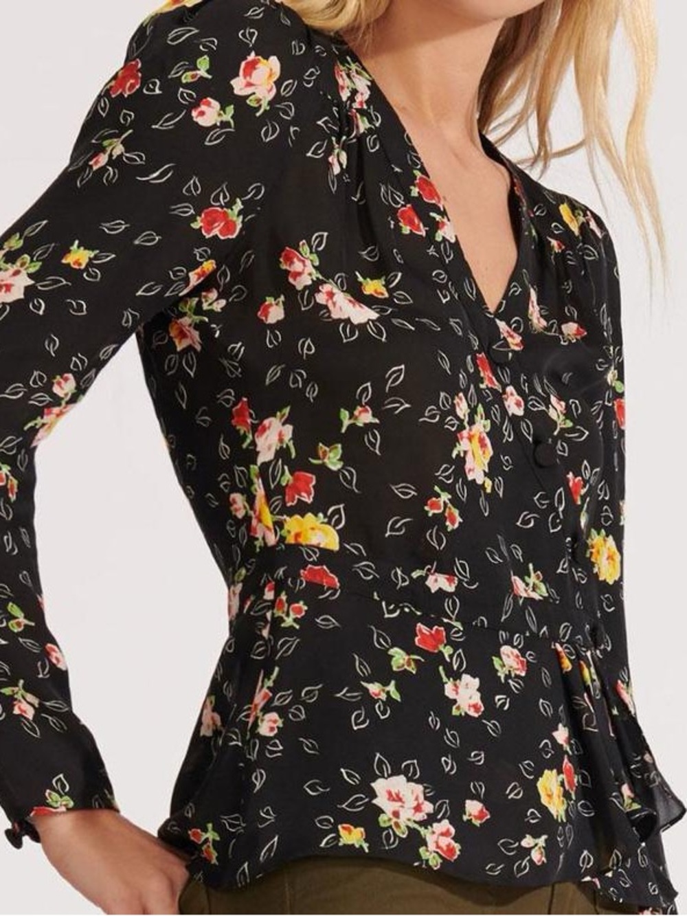 Veronica Beard Kiona Black Floral Silk Wrap Blouse V-neck Ruffle Detail Sz 2